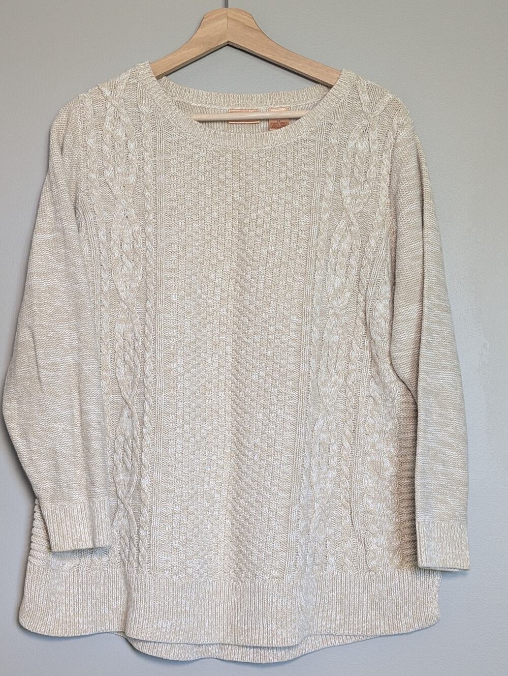 Sweater 1X Vintage Cable Knit Beige Cream Pullover Crewneck Marled North Crest